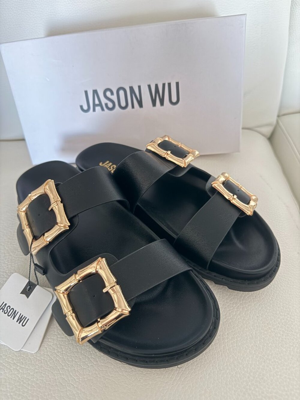 NIB Jason Wu Marzan Luxe Gold Black Strap Women’s Slide Sandals SIZE 8.5